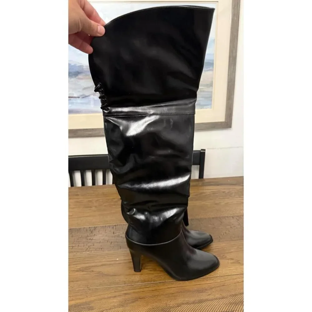 🆕Womens Black Synthetic Thigh High Pointed Toe Chunky Heel Over the Knee Boots